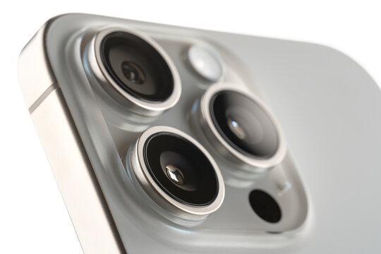 Dnipro, Ukraine - 09.12, 2023: Studio shot of new Apple iPhone 15 Pro Max Natural Titanium on a white background. Mockup iPhone 15 Pro Max set with back. with clipping mask (alpha channel) for quick i