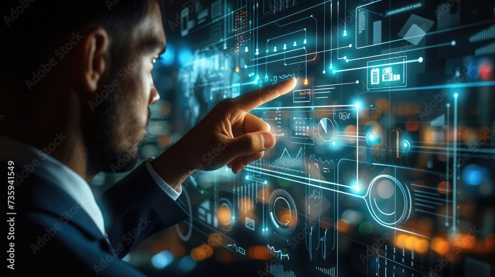 Poster Man using his finger to touch screen with business graph showing up virtual screen. New startup ideas and business growth concept. Generative AI.