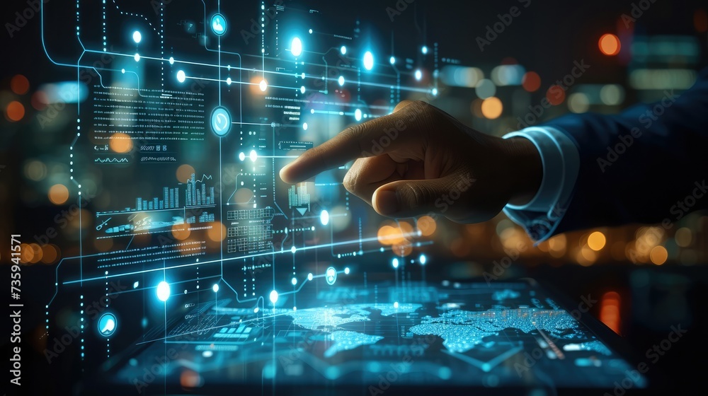 Aufkleber Man using his finger to touch screen with business graph showing up virtual screen. New startup ideas and business growth concept. Generative AI.