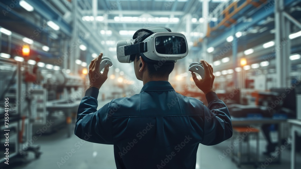Poster industrial design engineer wearing virtual reality headset working with machinery at modern factory.