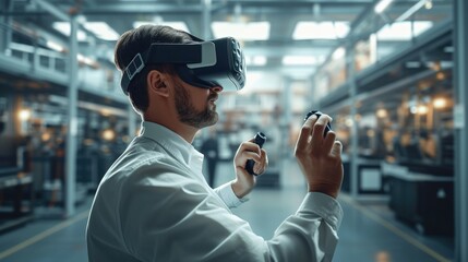 Industrial Design Engineer Wearing Virtual Reality Headset Working With Machinery At Modern Factory. Generative AI.