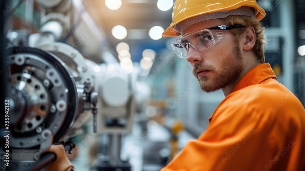 Poster Engineer install and testing industry robotic in manufacturing. Digital manufacturing operation. Generative AI.