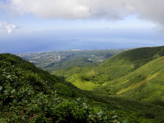 panorama photo of Basse Terre west coast seen from grande Soufriere mountain, Guadeloupe, french antilles