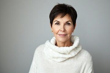 An elderly beautiful woman with dark colored short cut hair. Old model in white knitted sweater poses on light gray background. - obrazy, fototapety, plakaty