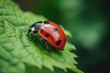 Fototapeta premium Ladybug, red with black dots green plant leaf. A beautiful brightly colored insect crawling on a bush leaf on a sunny day.