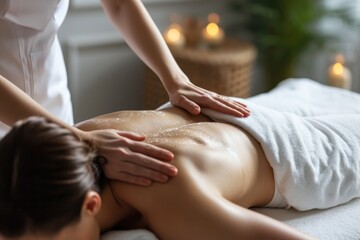 A doctor's hands massaging a young woman's back in a bright room. A cosmetic procedure in a spa salon.