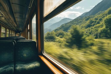 A view from the window of a rushing intercity train on green fields and mountains flying by. Traveling in an old deserted train carriage on a summer day. - Powered by Adobe