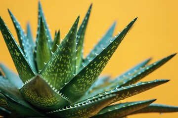 Aloe plant, green leaves with prickly thorns on a yellow background.