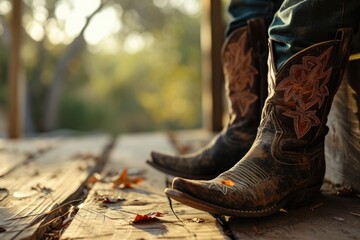 Close-up of a man in worn cowboy boots standing on a wooden floor overlooking a ranch. Patterned embroidered shoes against a rustic wild west landscape. - obrazy, fototapety, plakaty