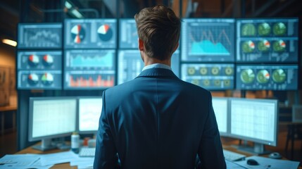 Businessman calculates financial data for long term investment, analyzing company financial balance sheet working with digital virtual graphics. Generative AI.
