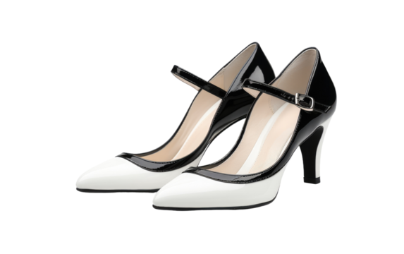 Black and White High Heels. A pair of high-heeled shoes in black and white, showcasing their stylish design.