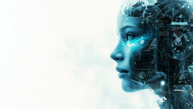 Surreal abstract woman-robot portrait with fantasy bright combinations. Futuristic technology transformation. Banner. Artificial intelligence robot and binary