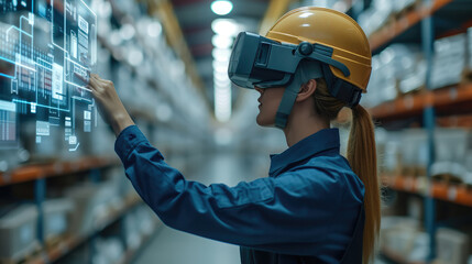 A futuristic warehouse worker doing inventory using augmented reality technology. Futuristic Technology Warehouse. Generative AI.