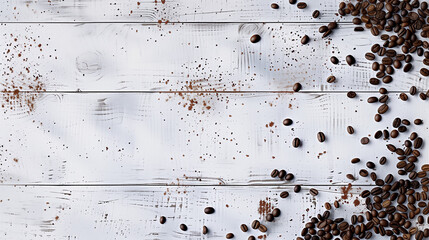 white washed wood background with coffee beans 