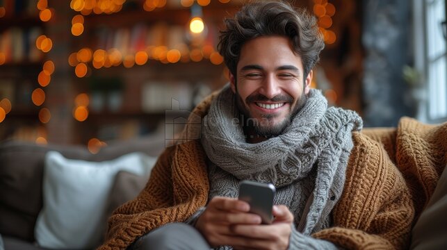 Cheerful Middle Eastern man holding smartphone playing game and networking online having fun on weekend using cell phone and laughing while texting.