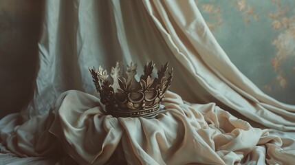 A regal crown resting on luxurious fabric captures a Renaissance elegance, suitable for historical concepts, as a classic background for banners or cards, evoking a sense of heritage and nobility - obrazy, fototapety, plakaty