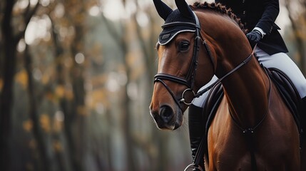 Elegant equestrian on a horse in autumn, showcasing the grace of horseback riding, ideal for equestrian magazines and lifestyle editorials, with potential for text overlay. - obrazy, fototapety, plakaty