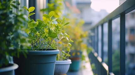 Urban balcony garden with vibrant green plants, promoting urban agriculture and sustainable living, ideal for lifestyle publications and green living spaces, with text space.