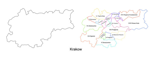 Vector map of Krakow and its districts. Highly detailed vector outline, black silhouette. All isolated on white background