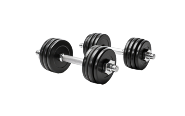 Pair of Dumbbells. A pair of dumbbells, used for strength training and exercise, rest on a plain Transparent background.