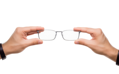 Hands Holding a Pair of Glasses. A pair of hands firmly holds a pair of glasses, ready to wear them or adjust them for optimal vision.