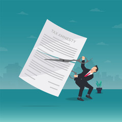 Tax amnesty with businessman cutting the tax paper with scissor design vector illustration - obrazy, fototapety, plakaty