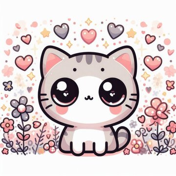 cartoon, animal cat , vector, baby, pink, illustration, love, bear, cute, fun, farm, funny kitten, card, piglet, drawing, pet, icon, heart, toy, smile, design, character, cat illustration, 