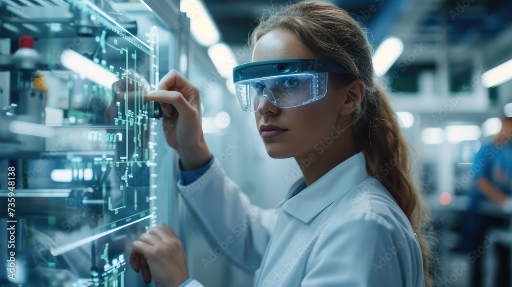 Poster facility manager using ar-glasses and ar-technology to fix a machine in a pharma company. generative