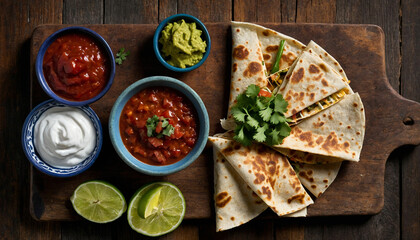 An overhead view of a freshly cooked vegetable quesadilla sliced into wedges, arranged neatly on a weathered wooden board, with small bowls of salsa, guacamole, and sour cream placed alongside for dip