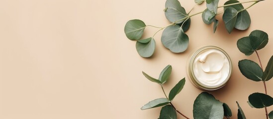 Organic Eucalyptus Cream Jar for Skincare and Wellness with Aromatic Leaves - obrazy, fototapety, plakaty
