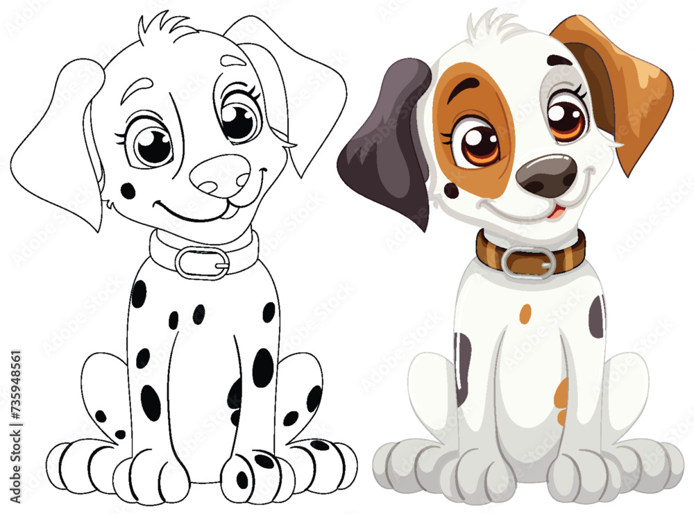 Sticker two cute spotted puppies in vector style