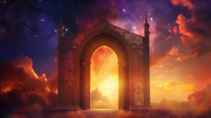 Islamic Ramadan greetings with ornamental door and galaxy sky background - obrazy, fototapety, plakaty