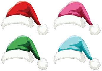 Four colorful Santa Claus hats illustration.