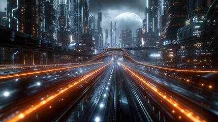 A sci-fi city scene at street level. The roads are black and shiny with lighting. Generative AI.