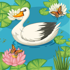 Swan with butterflies over water lilies illustration