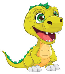 Adorable green baby dinosaur smiling happily.