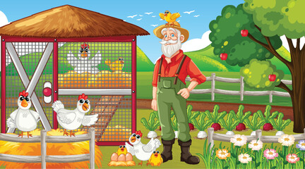 Elderly farmer standing beside chicken coop in farm