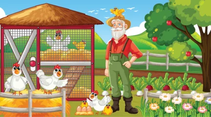 Foto op Plexiglas Kinderen Elderly farmer standing beside chicken coop in farm