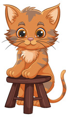 Adorable orange tabby kitten on a brown stool.