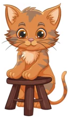 Foto op Plexiglas Kinderen Adorable orange tabby kitten on a brown stool.