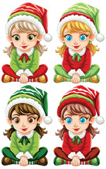 Four cheerful elves in festive holiday attire.