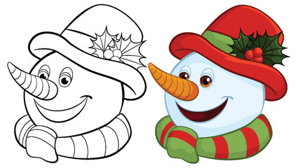 Two snowmen illustrations, one colored and one line art.