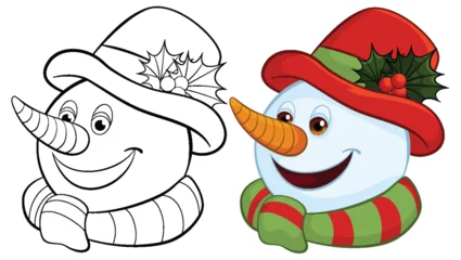 Foto op Plexiglas Kinderen Two snowmen illustrations, one colored and one line art.