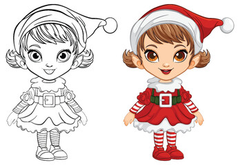Colorful and outlined versions of a festive elf girl.