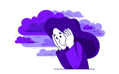 Young woman having a psychological problem of stress or anxiety, vector illustration of stressed girl having mental disorder or tired, headache flat style drawing.
