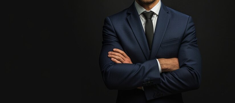Confident businessman in elegant suit and tie standing with arms crossed