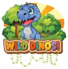 Foto op Plexiglas Kinderen Happy blue dinosaur with a vibrant forest backdrop