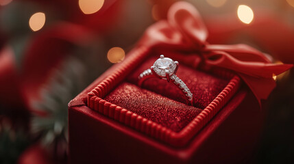A diamond ring rests in a red velvet box, a perfect holiday gift