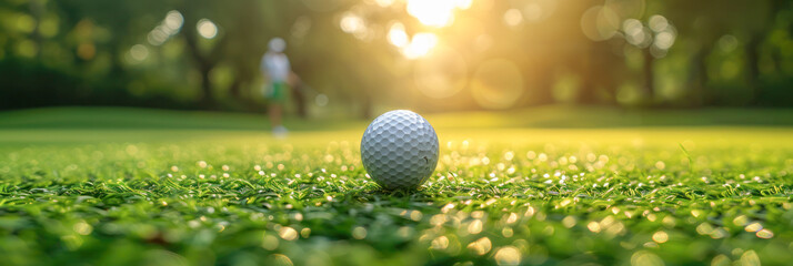 Golf ball on blurred green field background with copy space.
