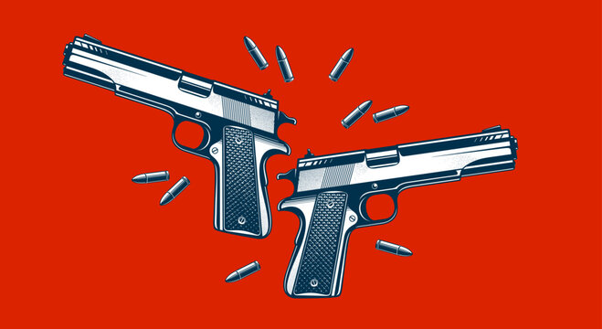 Detailed shotguns and bullets vector illustration in a classic graphic design style, two beautiful gun drawing over red background.